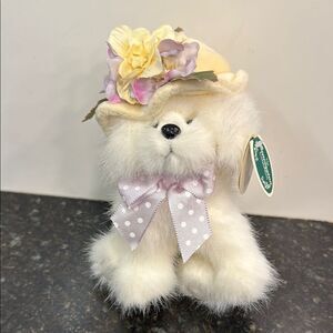 Vintage Bearington Collection Plush White Dog w/floral hat. Size 7”